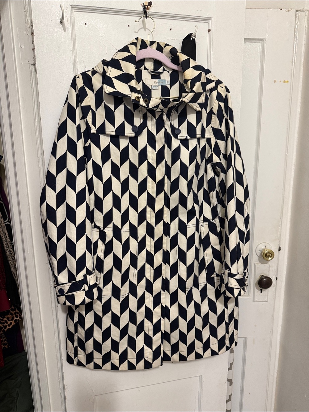 Boden Black and Cream Geometric Hooded Coat